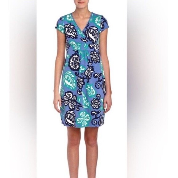 Boden Dresses & Skirts - Boden Slub Jersey Dress Size 14 Blue Green White Floral V-Neck Short Sleeve 228